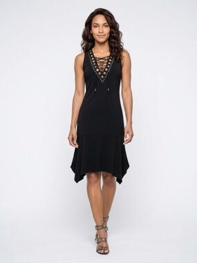 Michael Kors Black Lace-Up V-Neck Asymmetrical Hem Dress